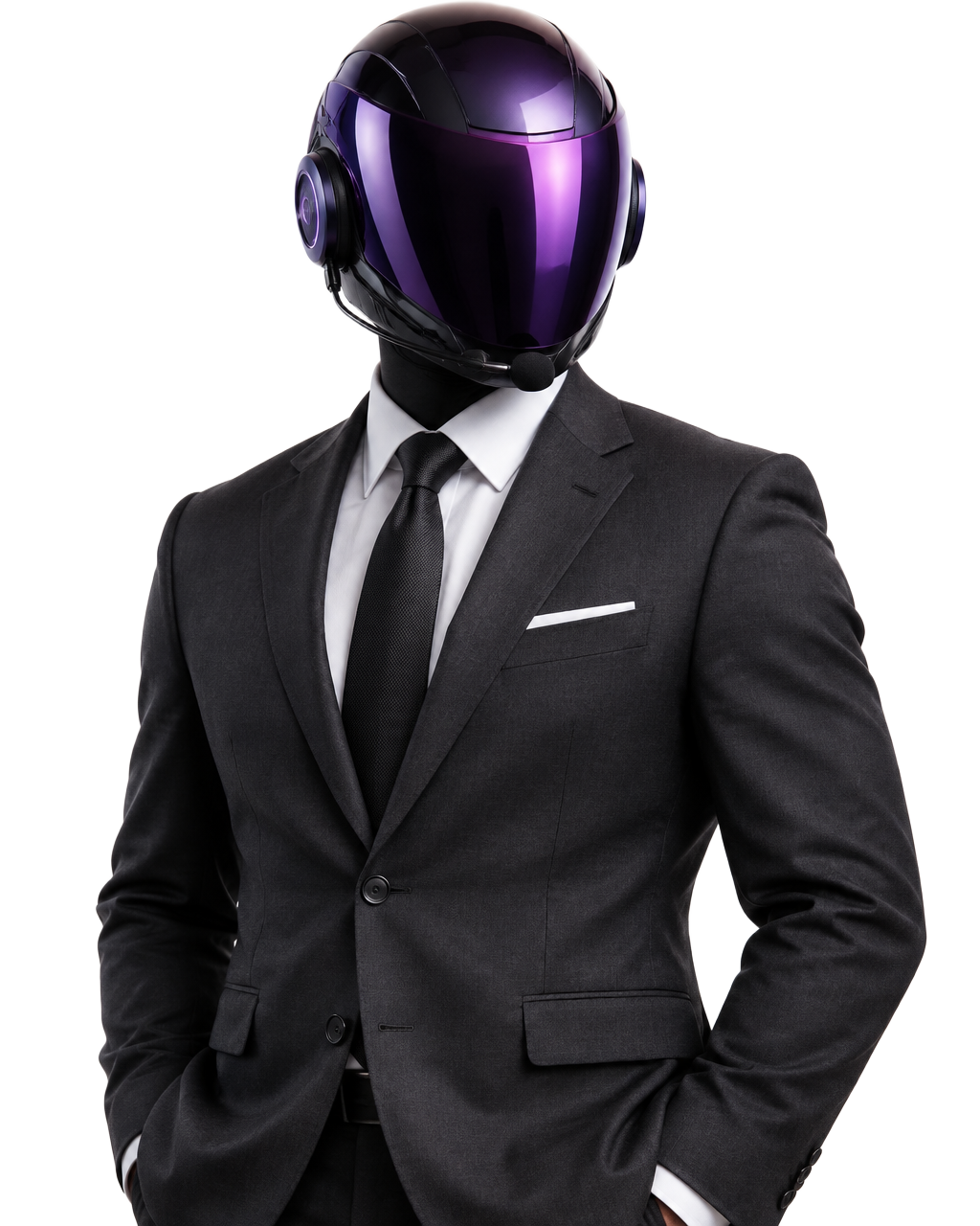 The Operator — Scale51's faceless suited mascot wearing a violet visor and headset